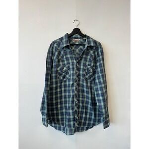 Vintage Sears Western Wear Shirt Mens Extra Large Green Blue Plaid Pearl Snap 80